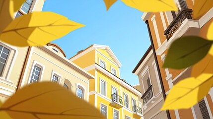 Autumnal European city street view through leaves