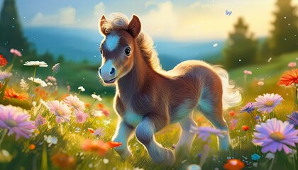 Niedliches Fohlen auf einer Blumenwiese