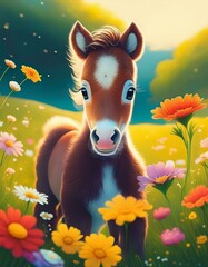 Niedliches Fohlen auf einer Blumenwiese