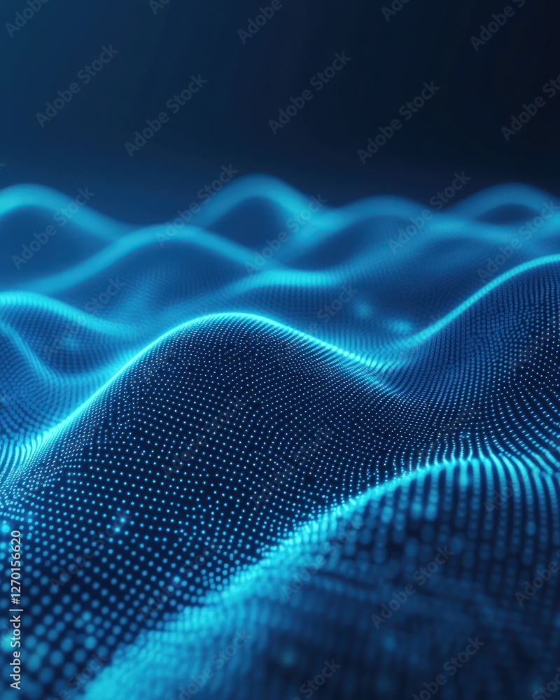Poster dynamic blue particle wave on dark digital background with soft lighting and futuristic tech feel cr