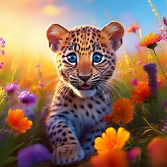 Fototapeta premium Niedliches Leopardebaby auf einer Blumenwiese
