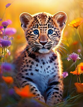 Niedliches Leopardebaby auf einer Blumenwiese