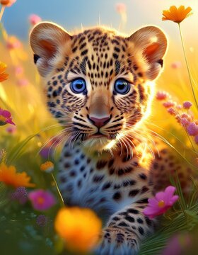 Niedliches Leopardebaby auf einer Blumenwiese