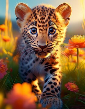 Niedliches Leopardebaby auf einer Blumenwiese
