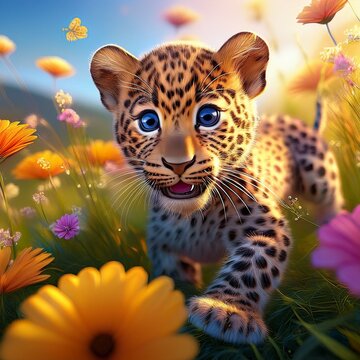 Niedliches Leopardebaby auf einer Blumenwiese