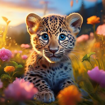 Niedliches Leopardebaby auf einer Blumenwiese