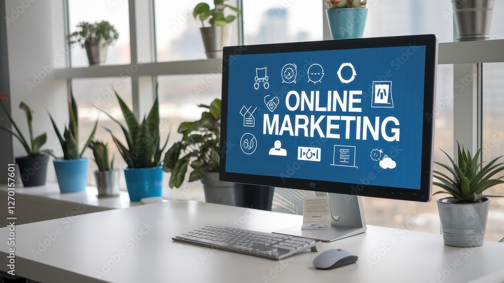 Poster computer monitor displays online marketing information with icons and text