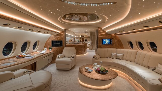 Luxurious private jet cabin interior with comfortable seating, bar, and entertainment.