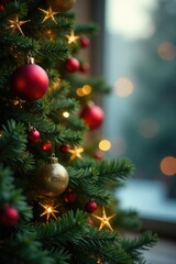 Evergreen Branches Adorned with Garlands and Ornaments, soft glow, greenery