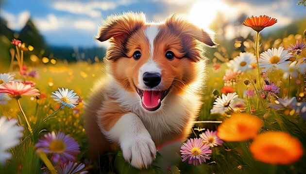 Collie Welpe auf einer Blumenwiese