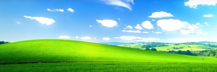 Obraz premium Green hills of rolling farmland under a brilliant blue sky with scattered clouds, cloudless sky, hills, fields