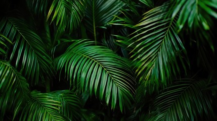Lush green palm leaves overlapping in a tropical setting, creating a serene and vibrant backdrop