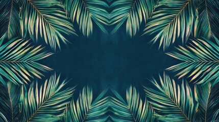 Lush Green Tropical Palm Leaves Framing a Deep Blue Background for Nature-themed Designs