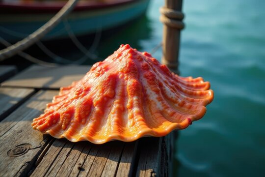 Harpago chiragra conch on a wooden dock with rope and netting, harpago chiragra, nautical, fishing