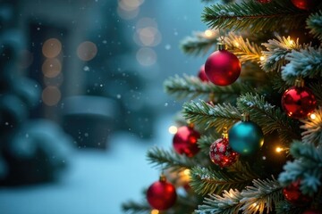 Obraz premium Holiday ornaments and garlands add a pop of color to the elegant tree, winter, sparkle, elegance