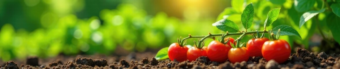 Homegrown tomato plants in a sunny garden with vines, growth, gardening, health