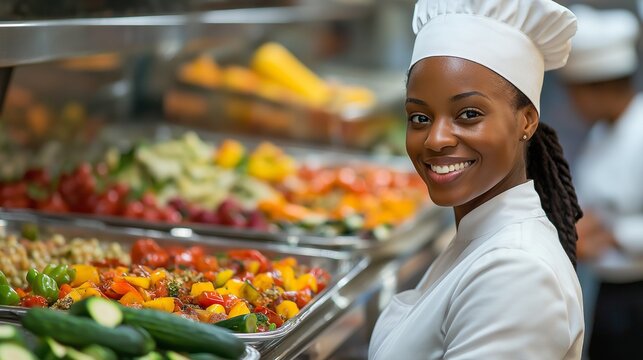In a lively kitchen, a passionate nutrition chef joyfully arranges colorful fresh ingredients, showcasing her commitment to promoting healthy eating among students during lunchtime