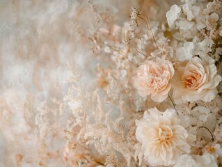 Ethereal peach roses and delicate white blossoms creating a dreamy floral arrangement