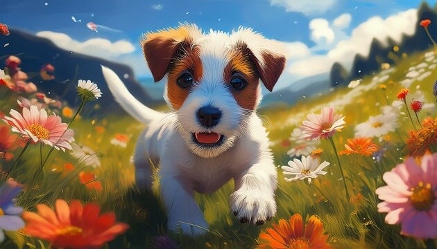 Jack Russell Welpe auf einer Blumenwiese