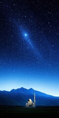 A serene night sky filled with stars above a majestic structure, set against distant mountains, creating a tranquil and picturesque scene.
