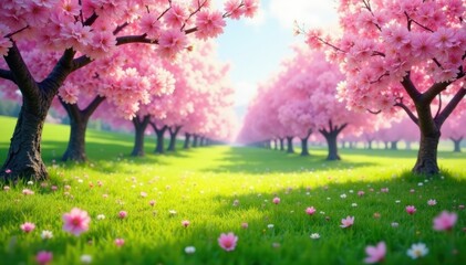 Fototapeta premium pink cherry blossoms scattered across a lush meadow, cherry, meadow