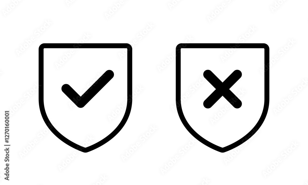 Poster safe and unsafe icon. shield outline with check mark and x cross sign symbol