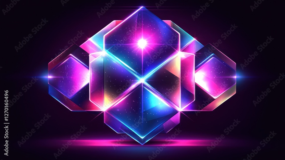 Poster futuristic abstract cube with neon lights and cosmic particle effect