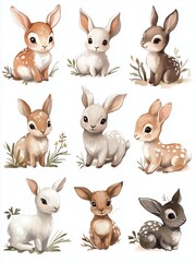 Obraz premium tender and warm baby animal paintings, Baby animals watercolor collection with bunnies and lambs, baby animals watercolor clipart for nursery designs