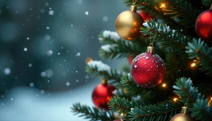Fototapeta premium Snowflakes gently fall on the tree covered in red and gold ornaments, holiday, festive, merry atmosphere