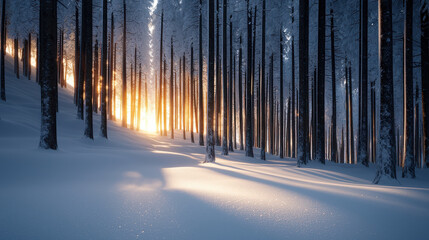 Snow Moon Concept, serene winter forest with sunlight filtering through tall trees