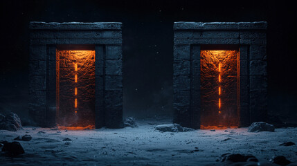 Fototapeta premium Snow Moon Concept, Ancient stone doors glowing with orange light in snowy landscape