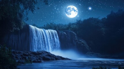 Mystical waterfall cascade illuminated by a bright full moon under a starry sky