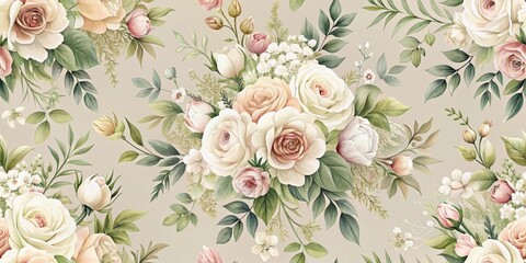 Elegant Seamless Pattern of Delicate Pastel Roses and Lush Greenery, Ideal for Textile Design and Various Applications