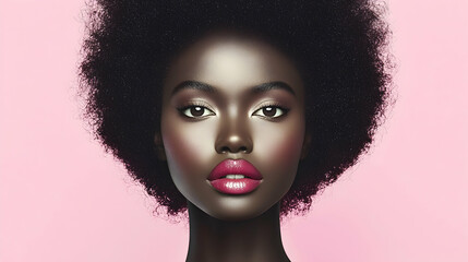 Fototapeta premium Beautiful young Black woman with a large afro hairstyle and pink lipstick posing against a solid pink background in a studio.