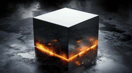 Illuminated Black Cube On Dark Reflective Surface