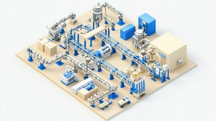 A detailed industrial layout featuring interconnected pipes, machinery, and structures in blue and beige hues, representing a modern manufacturing facility.