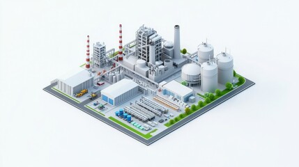 A detailed industrial complex featuring buildings, storage tanks, and smokestacks, set in a well-organized layout with greenery.