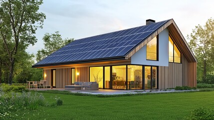 Modern house with solar panels on gable roof, clean design, natural light, sustainable living concept.