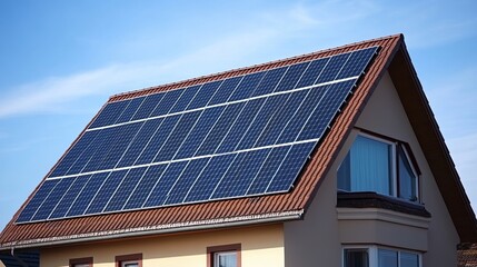 Fototapeta premium Modern house with solar panels on gable roof, clean design, natural light, sustainable living concept.