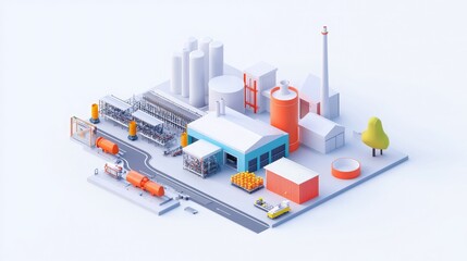 Obraz premium A colorful isometric illustration of an industrial complex featuring factories, storage units, and transportation elements in a modern design.