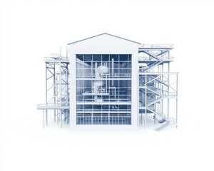 A modern industrial facility featuring transparent glass walls, showcasing internal structures with scaffolding and framework.