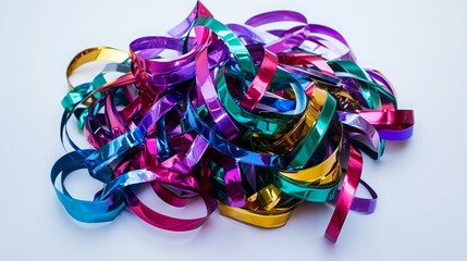A vibrant pile of metallic streamer ribbons in various colors. Perfect for adding a festive touch to your celebrations!