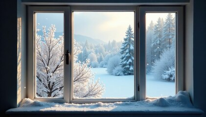 Window with snow-covered branches and frosty pane, winter foliage, cold weather, icy landscape