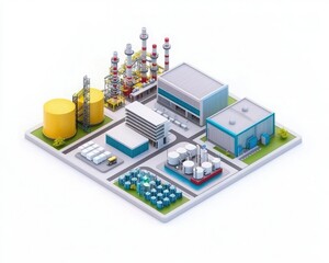 Obraz premium A colorful, isometric illustration of an industrial complex featuring storage tanks, processing plants, and auxiliary facilities within a structured layout.
