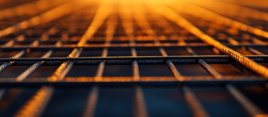 Abstract Perspective of Metal Grid with Warm Sunlight and Geometric Patterns