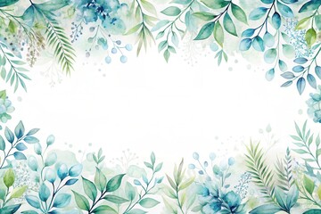 Fototapeta premium Serene Watercolor Floral Frame A Delicate Border of Lush Greenery and Soft Blue Blossoms Perfect for Elegant Designs