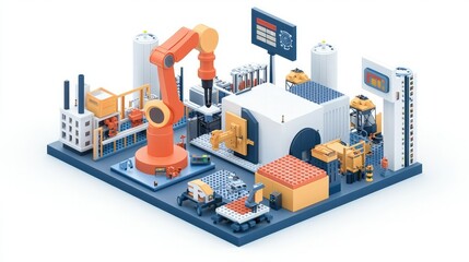 Obraz premium A vibrant, 3D representation of an industrial facility featuring robotic arms, machinery, and storage, showcasing modern manufacturing processes.