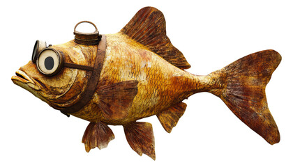 Fototapeta premium Steampunk-Fisch mit Brille und Ledergurten, freigestellt.