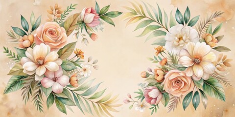 Obraz premium Elegant watercolor floral arrangement with peach and white blossoms, lush greenery, and delicate foliage, ideal for wedding invitations or romantic decor