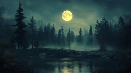 Fototapeta premium Enchanted Moonlight Night: Mystical Forest Lake